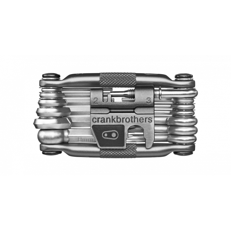 Crankbrothers Multi 19 tool showing hex wrenches and chain tool on white background