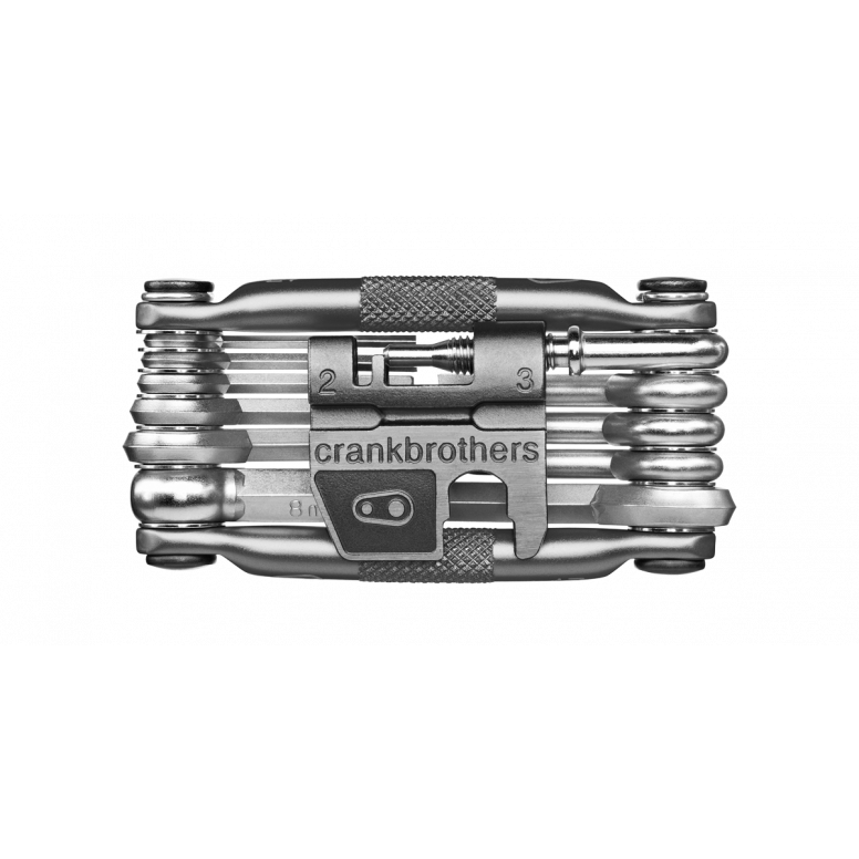 Crankbrothers Multi 17 multi-tool open showing all 17 functions including Phillips screwdriver and spoke wrench