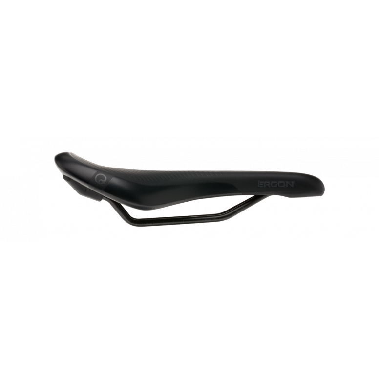 Side profile of Ergon SM E-Mountain Sport saddle showing raised rear ramp for uphill seated climbing