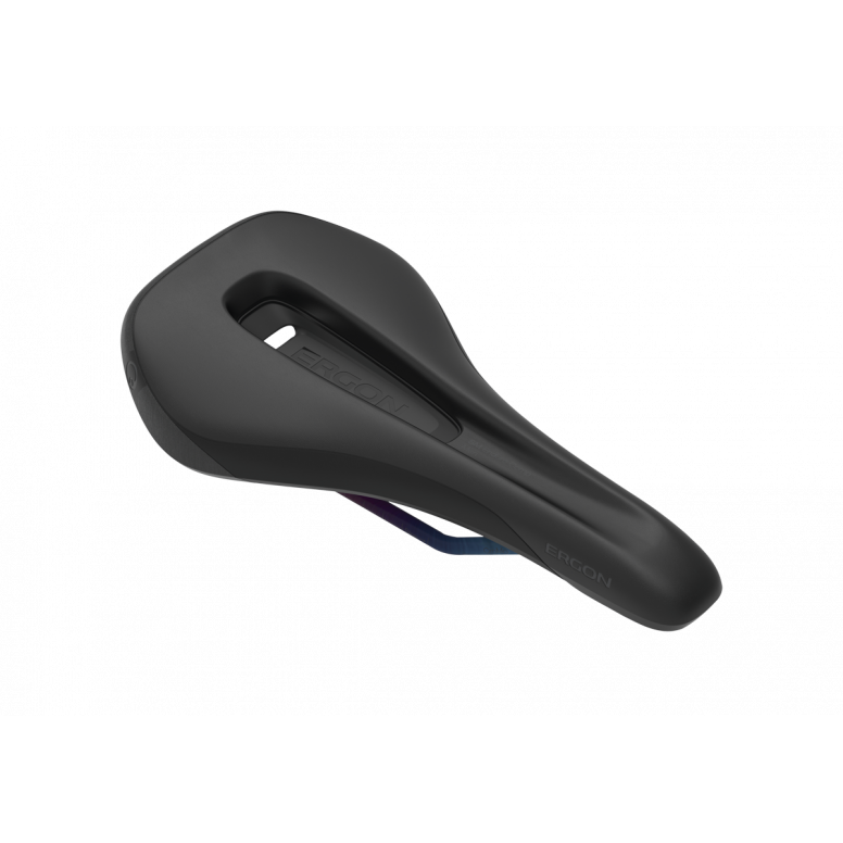 Ergon SM Enduro Comp men's mountain bike saddle in black showing V-shape profile and padded contact zones