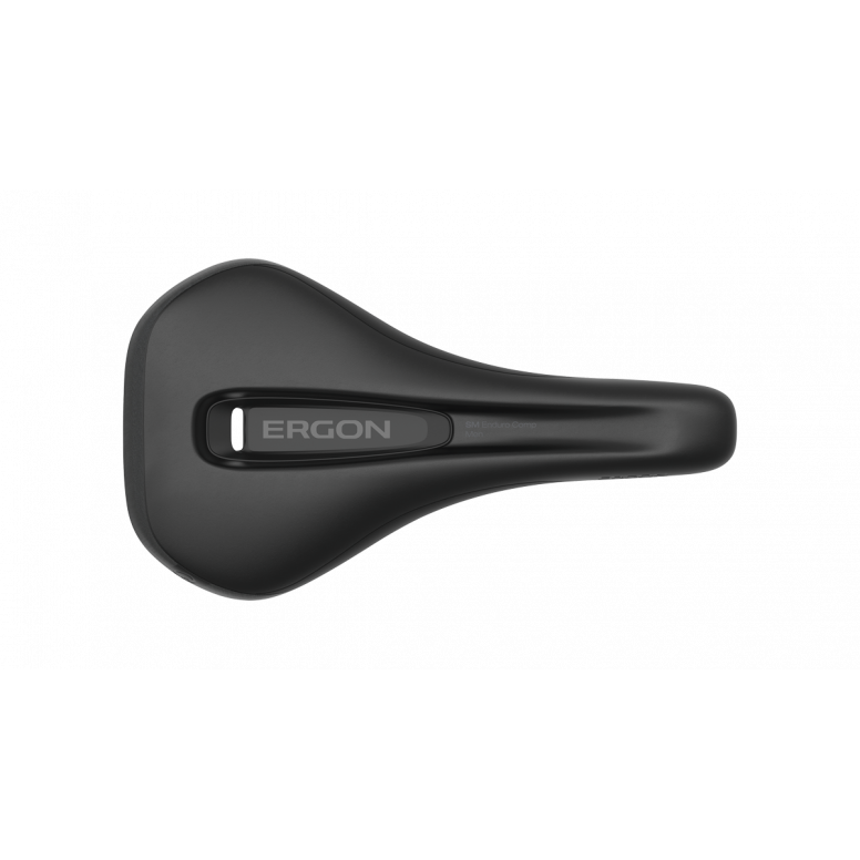 Ergon SM Enduro Comp saddle top view showing narrow short V-shape seating surface and edge protection