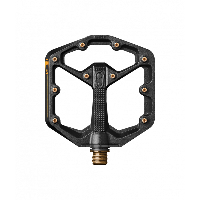 Crankbrothers Stamp 11 flat pedal side profile showing slim concave body and titanium axle