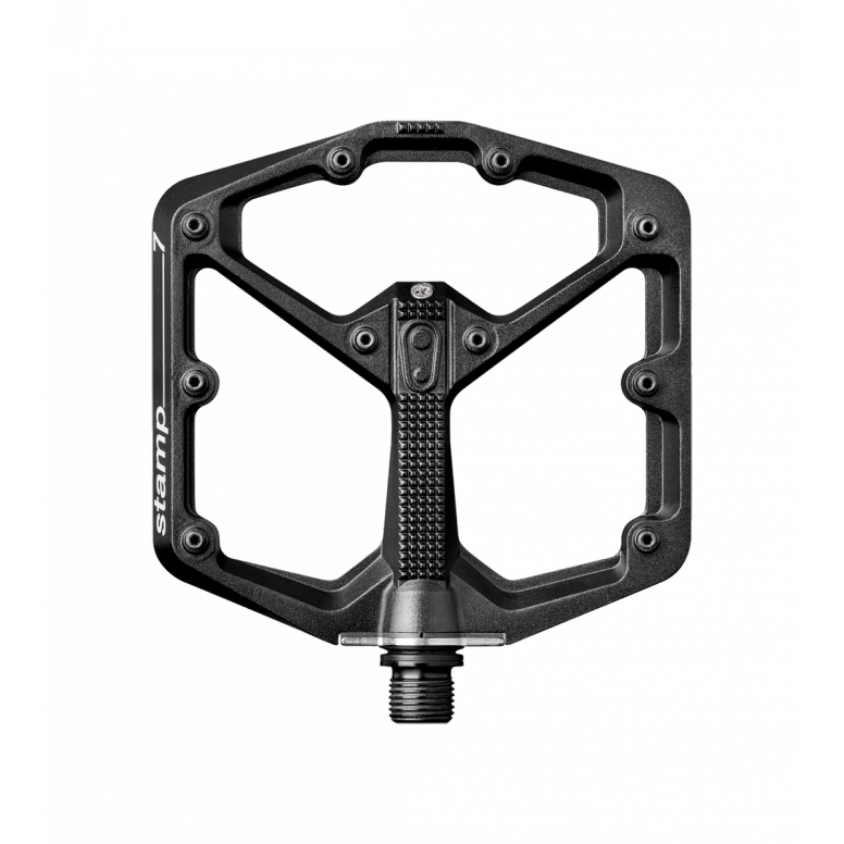 Crankbrothers Stamp 7 flat pedal in black showing concave profile and adjustable traction pins