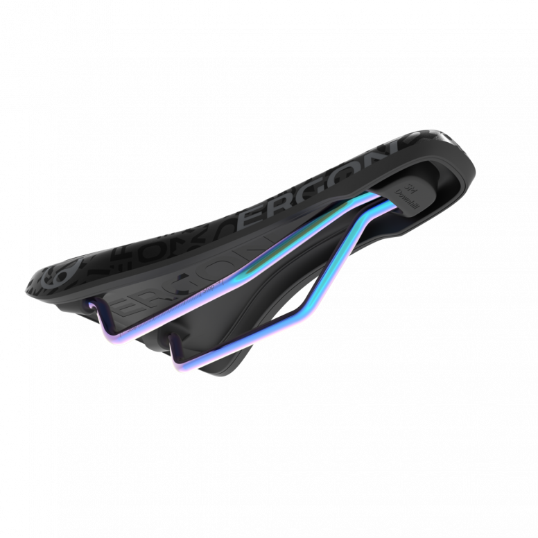 Ergon SM Downhill Comp Team saddle rear view showing tyre clearance-optimised profile