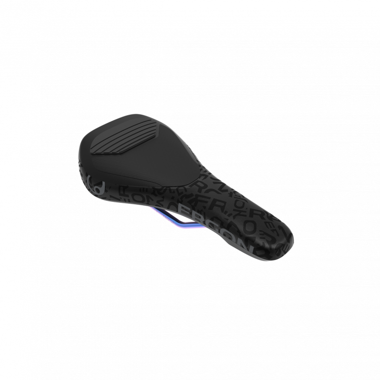 Ergon SM Downhill Comp Team saddle in Oil Slick CroMo rail colourway, front three-quarter view