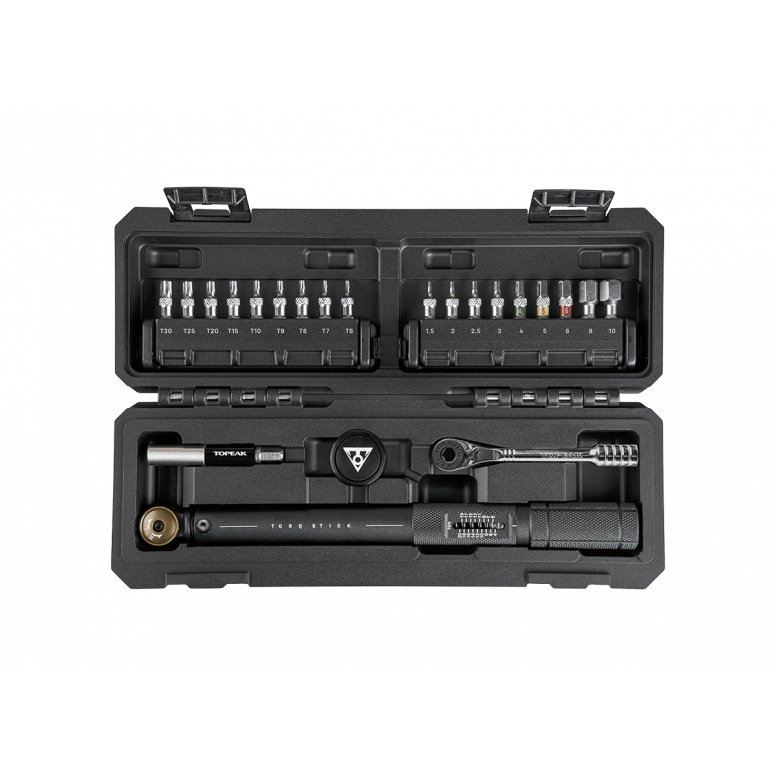 Topeak Torq Stick Pro 4-20Nm full kit laid out including fingertip bit holder and organiser case