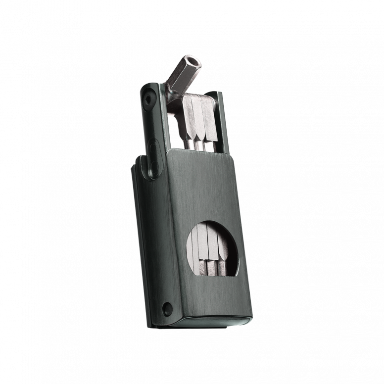 Crankbrothers F11 multi tool open showing hex keys, T25 torx, Phillips screwdriver and tyre plug tool