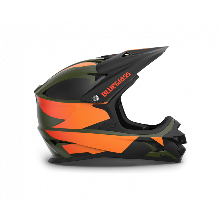 Bluegrass Intox helmet chin guard detail showing ASTM certification compliance