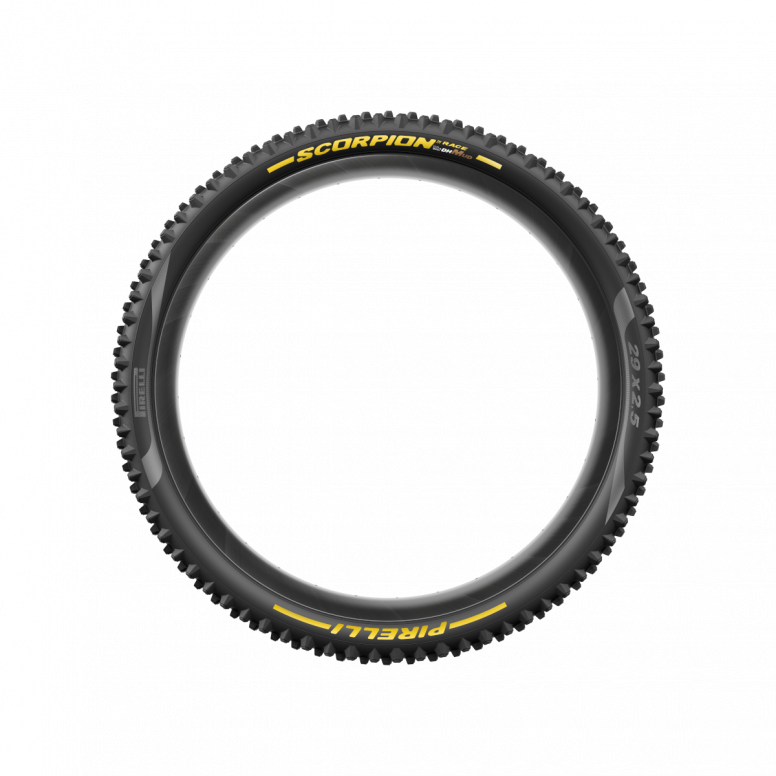 Pirelli Scorpion Race DH Mud tyre mounted on MTB wheel in muddy trail conditions