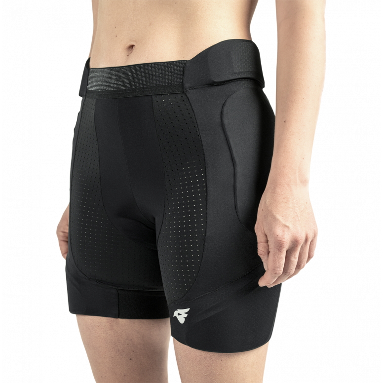 Bluegrass Arto undershorts worn under DH pants showing low-profile hip protector fit