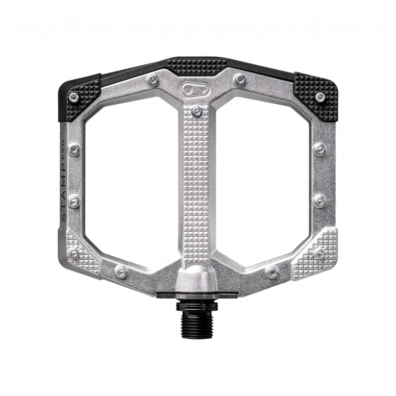 Crankbrothers Stamp EVO flat pedal in black showing extended platform and adjustable pins