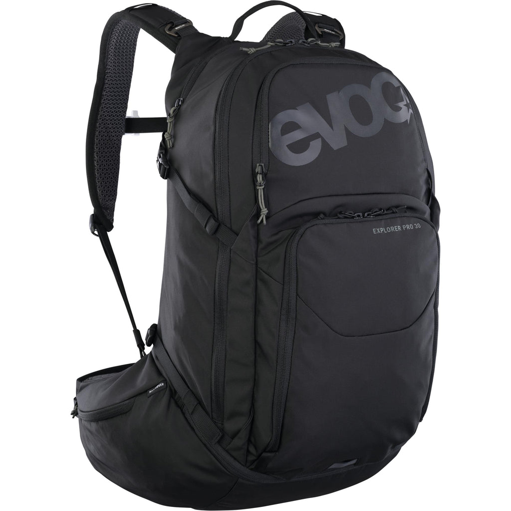 EVOC Explorer Pro 30L mountain bike backpack – front view showing hip wings and harness system