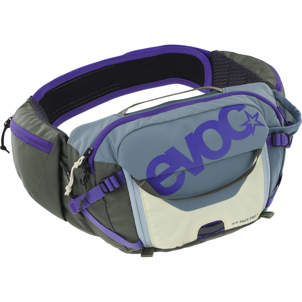 EVOC Hip Pack Pro 3 side profile showing AERO FLEX belt, compression straps, and hydration bladder port