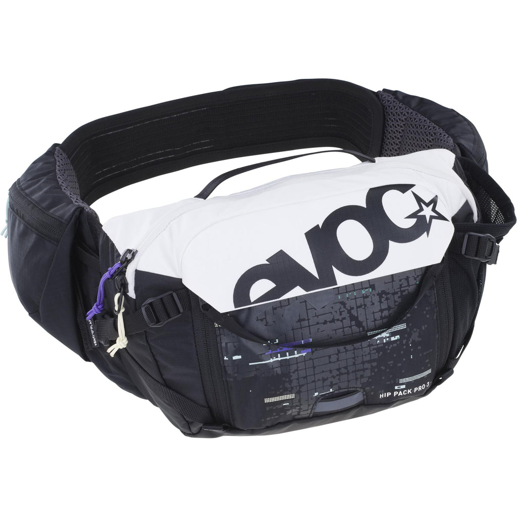 EVOC Hip Pack Pro 3 in black shown from the front, displaying hip wings and zippered pockets