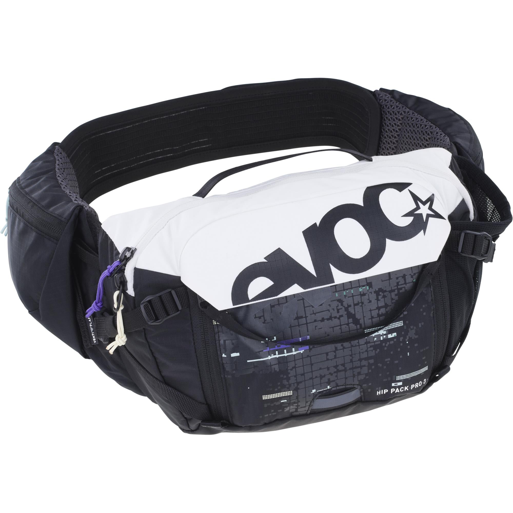 EVOC Hip Pack Pro 3 in black shown from the front, displaying hip wings and zippered pockets